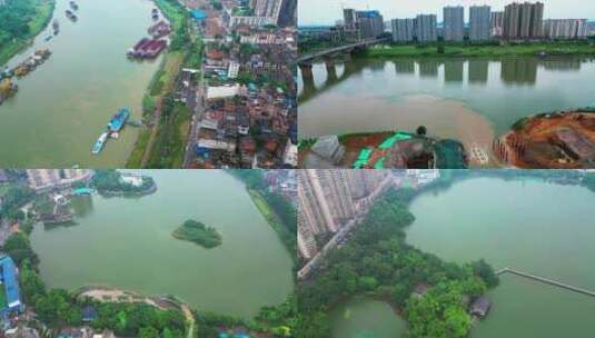 贵港城市风光郁江建筑贵港大东码头渡口高清在线视频素材下载