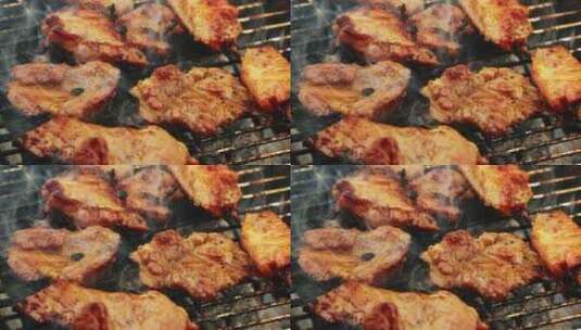 户外木炭烧烤 鸡翅 肉类高清在线视频素材下载
