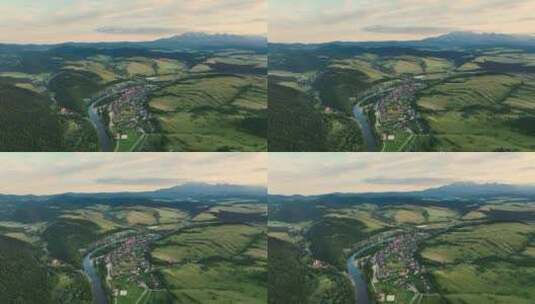 斯洛伐克塔特拉斯高地Trzy Korony瞭望塔的鸟瞰图——日落高清在线视频素材下载