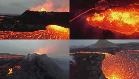 FPV无人机航拍火山喷发岩浆涌动爆发实拍高清在线视频素材下载