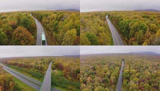 航拍森林公路汽车行驶长镜头高清在线视频素材下载