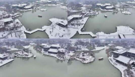 航拍瘦西湖景区园林大明寺观音山宋夹城雪景高清在线视频素材下载