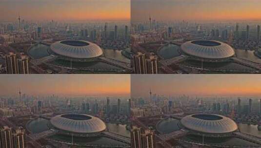 天津奥林匹克中心清晨航拍高清在线视频素材下载