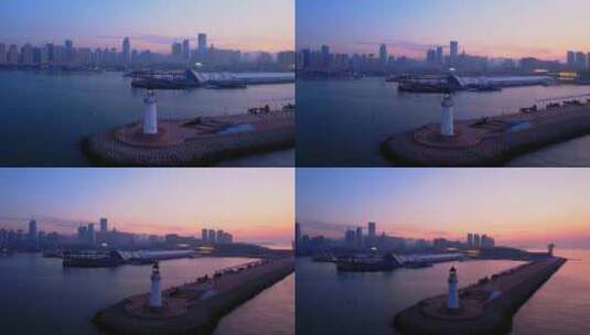 中国山东青岛奥帆中心和情人坝清晨风光航拍高清在线视频素材下载