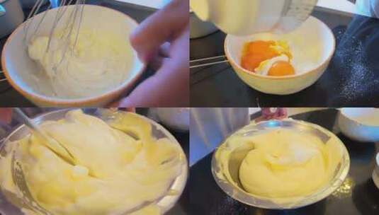 实拍蛋糕制作面粉和蛋黄搅拌入模具高清在线视频素材下载
