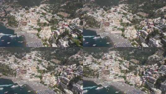意大利波西塔诺彩色别墅的空中视频，悬崖边高清在线视频素材下载