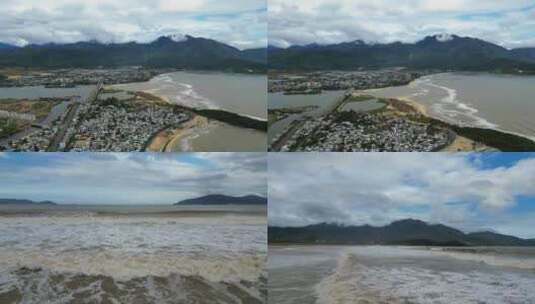 舰港航拍碧海蓝天海浪线海滩 蓝天白云山丘高清在线视频素材下载