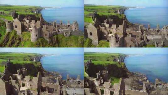 空中拍摄的邓卢斯城堡，在北爱尔兰北郡安特高清在线视频素材下载