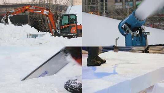 造雪机造雪冰雕电锯切割高清在线视频素材下载