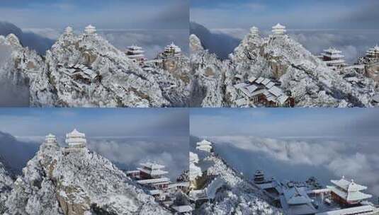 河南老君山景区雪后云海民宿航拍高清在线视频素材下载