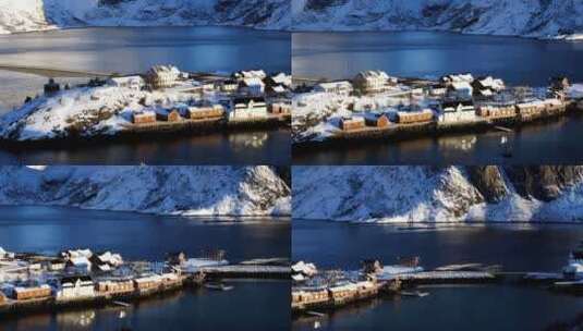 4K航拍岸边冰雪湖泊冬天雪山高清在线视频素材下载