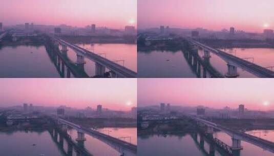 跨江大桥上高铁动车航拍镜头高清在线视频素材下载