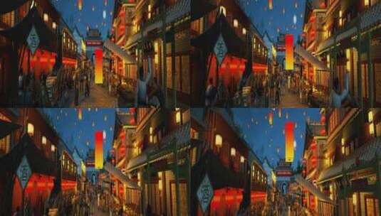 6K三维古代夜景闹市街景动画展示高清在线视频素材下载