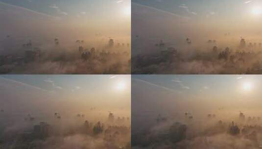 上海锦江乐园日出平流雾航拍高清在线视频素材下载