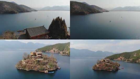 航拍泸沽湖中自然美景高清在线视频素材下载
