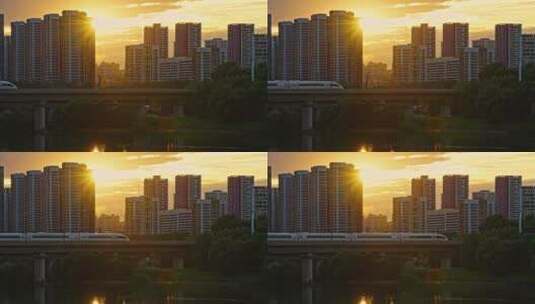 夕阳下高铁动车组穿过城市唯美画面高清在线视频素材下载