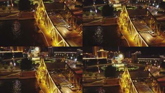 天津海河世纪钟及解放桥夜景航拍素材高清在线视频素材下载