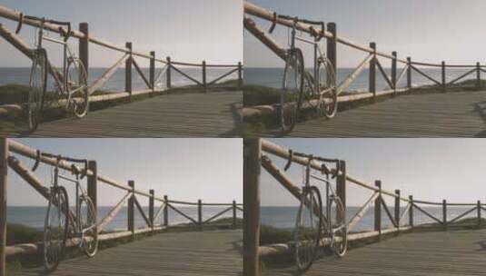 木板路上停放的自行车高清在线视频素材下载