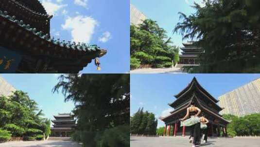 在阳光古建筑下面跳中国风爵士舞的女孩高清在线视频素材下载