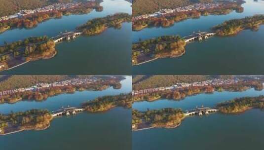 杭州湘湖跨湖路四亭桥秋色航拍高清在线视频素材下载
