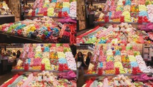 糖果店里的摆放着许多彩色糖果高清在线视频素材下载