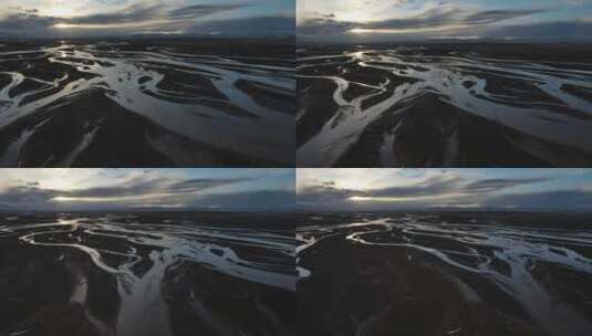 航拍长江源头夕阳下的辫状河道高清在线视频素材下载