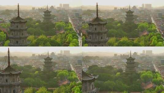 航拍福建泉州西街开元寺东西塔日出风光高清在线视频素材下载