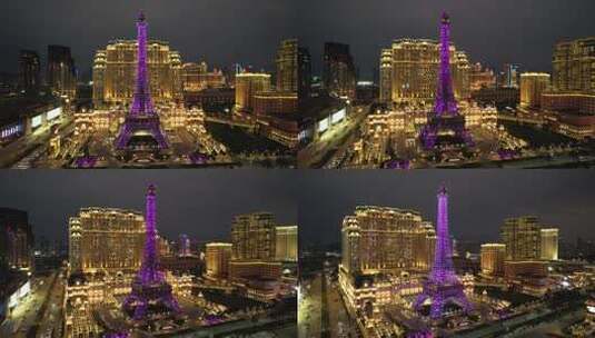 澳门巴黎人度假村酒店建筑夜景航拍风光高清在线视频素材下载