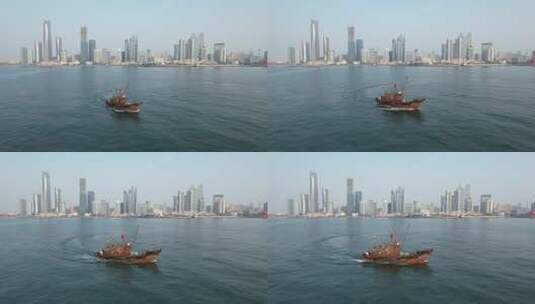 原创 青岛浮山湾海港渔船城市天际线航拍高清在线视频素材下载