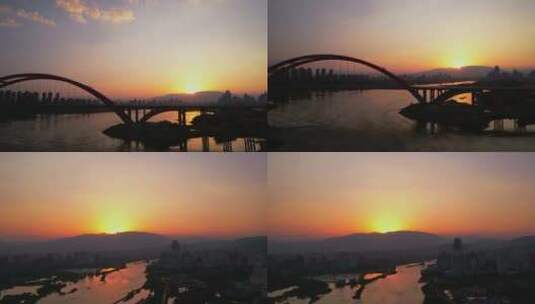 西双版纳澜沧江黎明大桥日落4k航拍高清在线视频素材下载