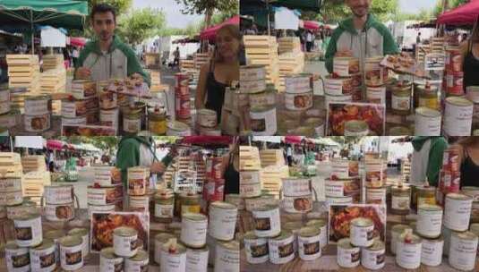 法国传统市集卖当地传统炖菜罐头的摊位高清在线视频素材下载