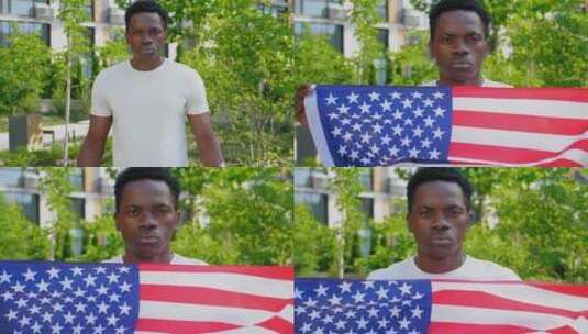 相机放大手持美国国旗和外观的非裔美国人相机高清在线视频素材下载