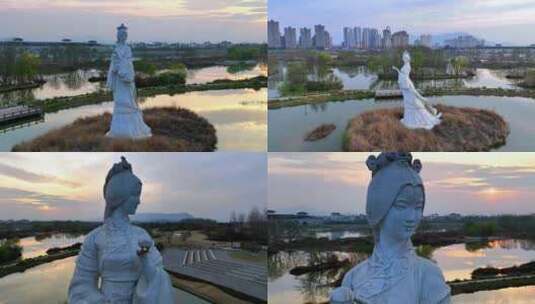 陕西汉中汉水女神雕像航拍高清在线视频素材下载