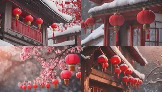 冬天红灯笼春节桃花高清在线视频素材下载