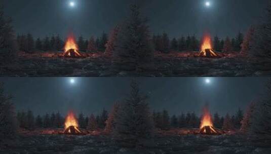 篝火与雪松树和月光天空的循环动画高清在线视频素材下载