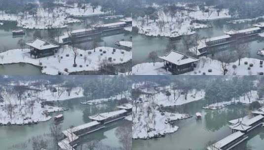 航拍瘦西湖景区园林大明寺观音山宋夹城雪景高清在线视频素材下载