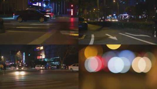 夜晚城市街头汽车车流人流夜景光斑视频素材高清在线视频素材下载