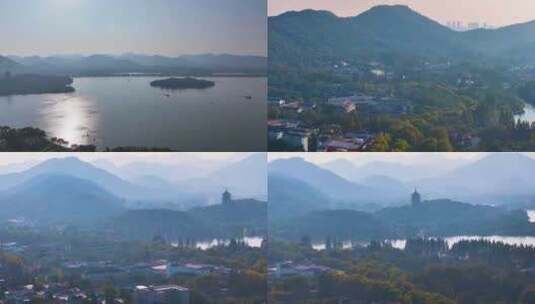 西湖雷峰塔景区大自然风光群山航拍杭州风景高清在线视频素材下载