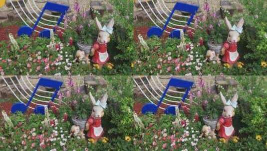 唯美花境花园园艺卡通兔子鲜花盛开童话世界高清在线视频素材下载