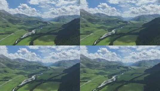 新疆伊犁独库公路草原树林河流雪山天山高清在线视频素材下载