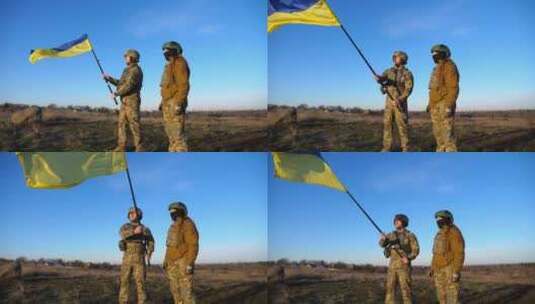 乌克兰军队士兵在日落时分站在户外，挥舞着高清在线视频素材下载