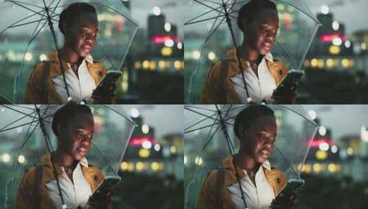 晚上的黑人女性，城市里的智能手机和雨伞，高清在线视频素材下载