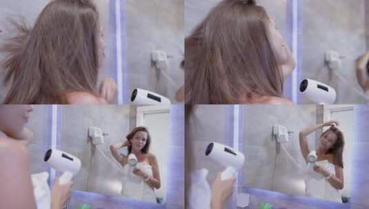 女人，镜子，淋浴，吹风机高清在线视频素材下载