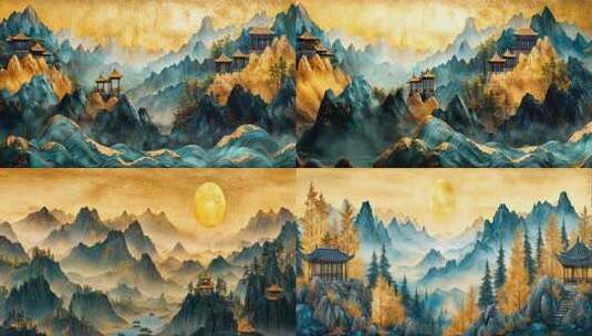 鎏金山水背景 舞台背景 青绿山水高清在线视频素材下载