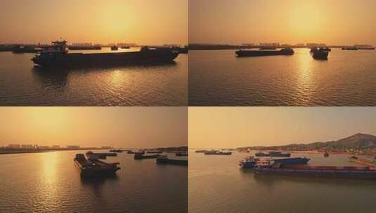 大气长沙湘江江面夕阳船只货船航拍高清在线视频素材下载