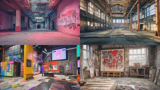 旧厂空间废弃厂房 艺术涂鸦光影变幻工业遗高清在线视频素材下载
