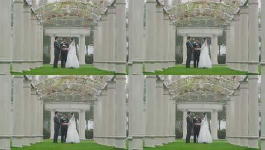 新人在古典柱廊下举行婚礼高清在线视频素材下载
