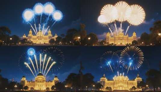 建筑前夜空绽放的烟花高清在线视频素材下载