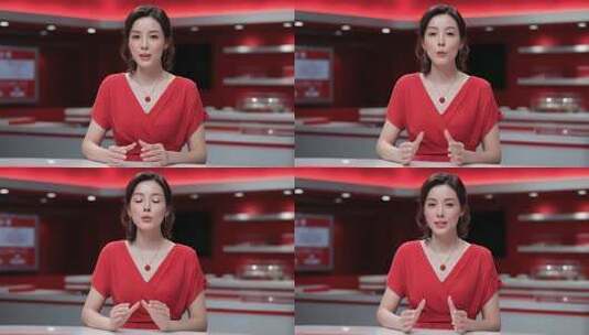 新闻播报员在红色演播室传递重要信息高清在线视频素材下载