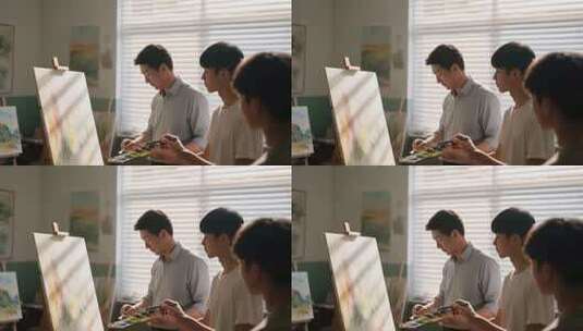 画室中老师指导学生绘画高清在线视频素材下载